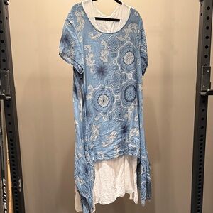 Blue and White Patterned Linen Maxi Dress